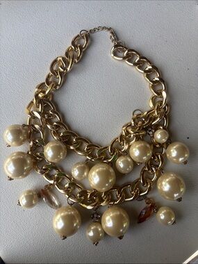Gold-Tone Pearl Charm Statement Necklace - Elegant Ivory Pearls